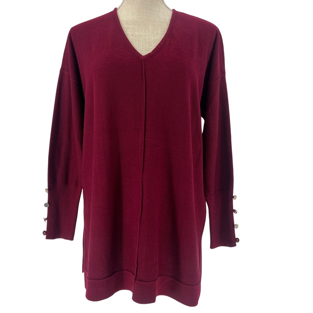 Anne Klein V-neck Sweater Womens Medium Burgundy Button Cuff Tunic Knit Pullover